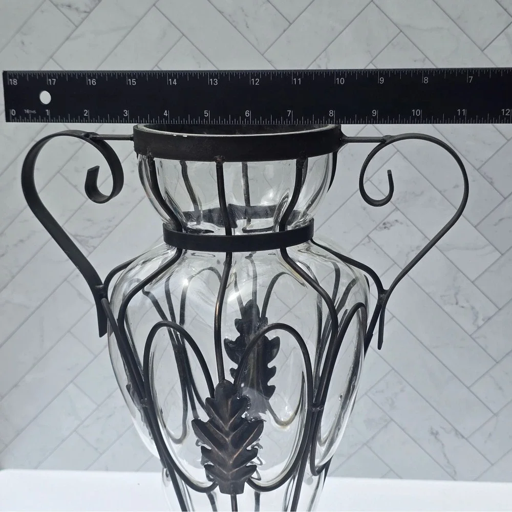 Wrought Iron and Caged Blown Glass Amphora Vase Scrolled Handles Rustic 15.5in - Picture 7 of 7